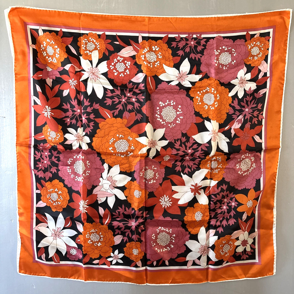 Vtg 70s Floral Scarf Orange Pink Mod Groovy Retro Headscarf Whimsigoth Boho 26"